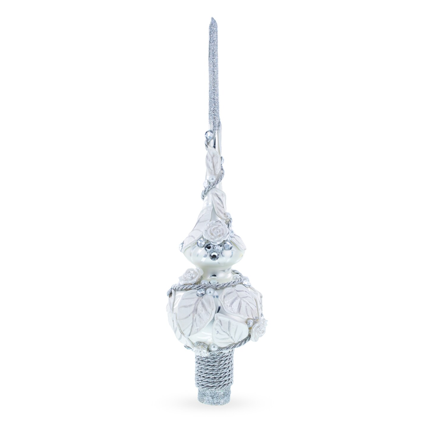 Dimensional White Roses with Leaves on White Blown Glass Christmas Tree Topper 11 Inches