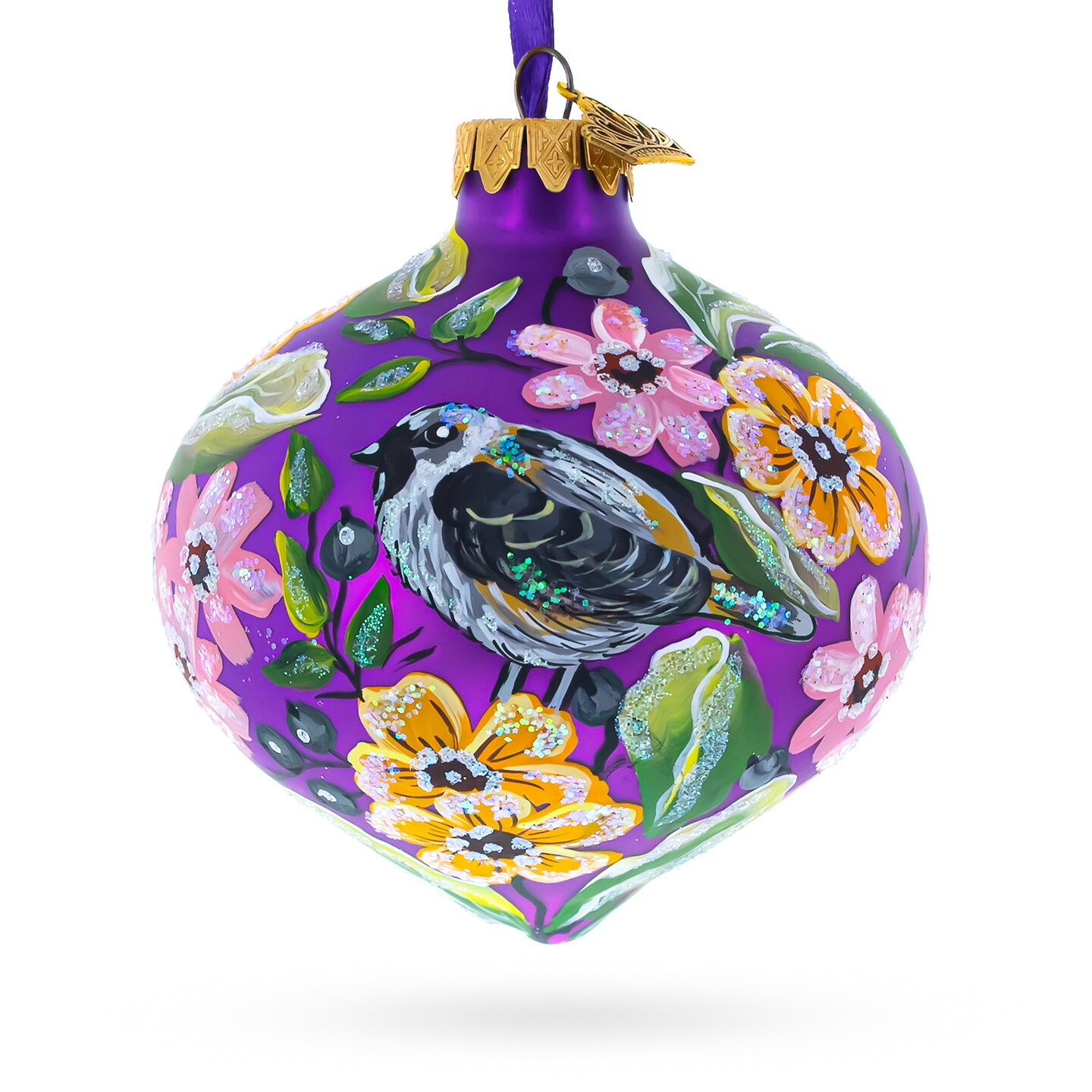 Floral and Bird Design Purple Teardrop Glass Christmas Ornament