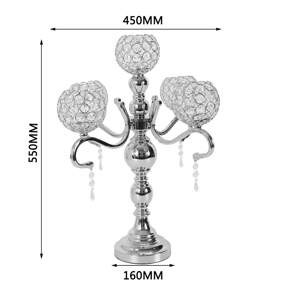 5-Arm Elegant Silver Crystal Candelabra Holders Wedding Table Centerpieces
