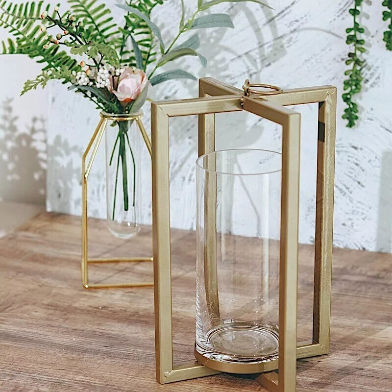 GOLD 11&#x22; Geometric Metal Cross Bar Lantern with Glass CANDLE HOLDER Party Event