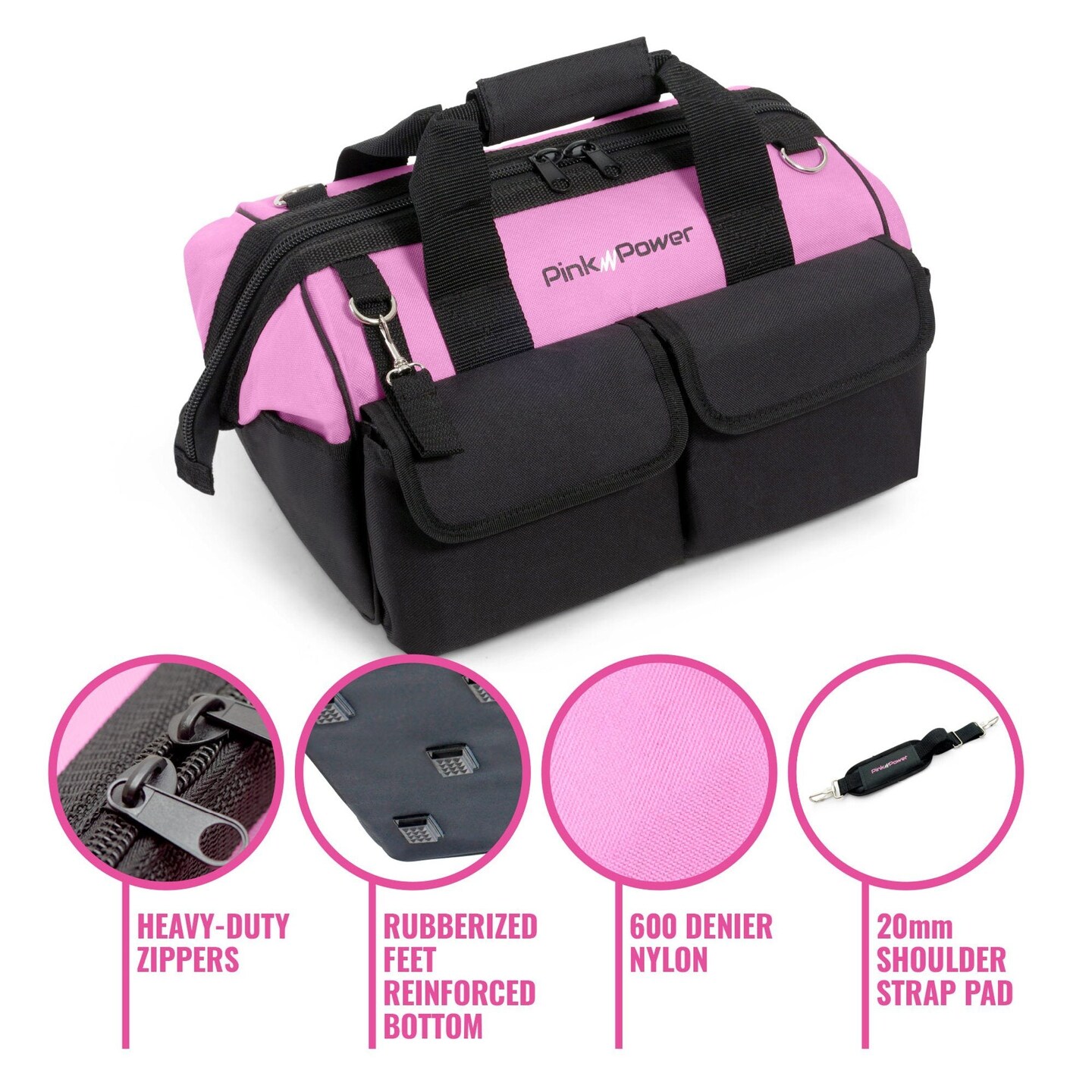 Pink Power Pink Tool Bag for Women -16" Tool Tote Bag w/ 22 Storage Pockets - Womens Small Tool Bag Ladies Tool Box for Hand Tools, Power Tool Kits & More - Womens Zipper Toolbag Tool Caddy Organizer