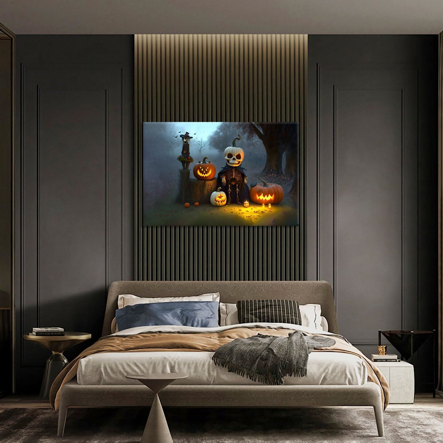 Skeleton with Jack-o&#x27;-lanterns Painting for Halloween - Ideal Gift and Decoration, Ready to Hang