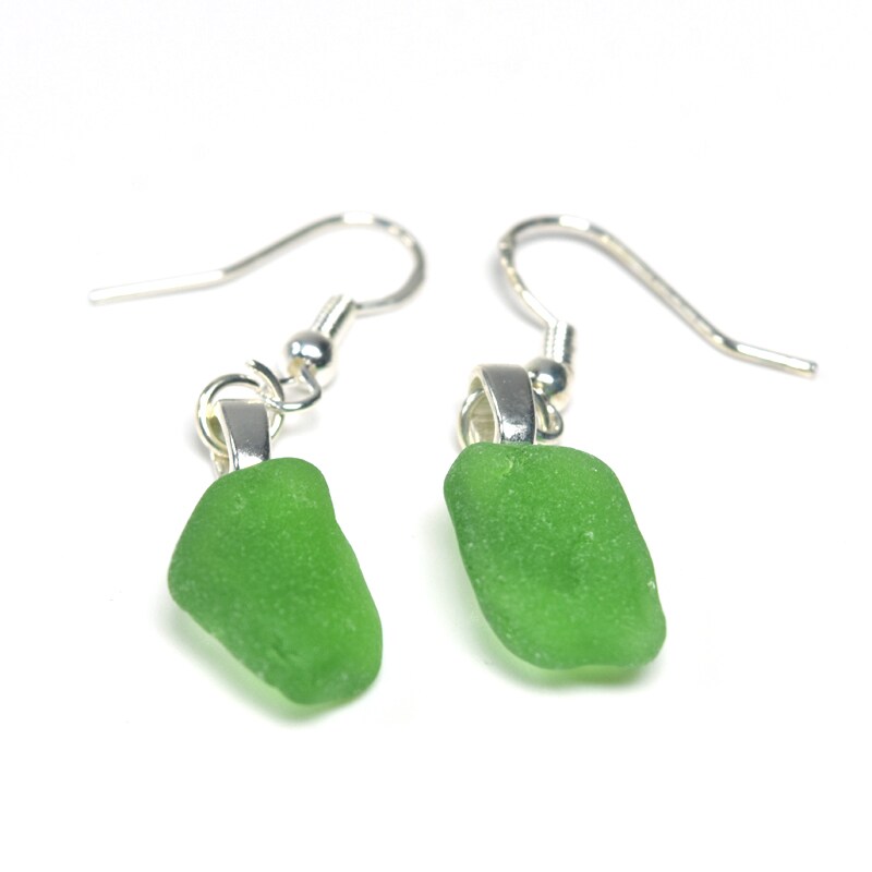 Pair of Genuine Surf Tumbled Dangling  Green Sea Glass Earrings - (1 Set) - Made to Order product 7
