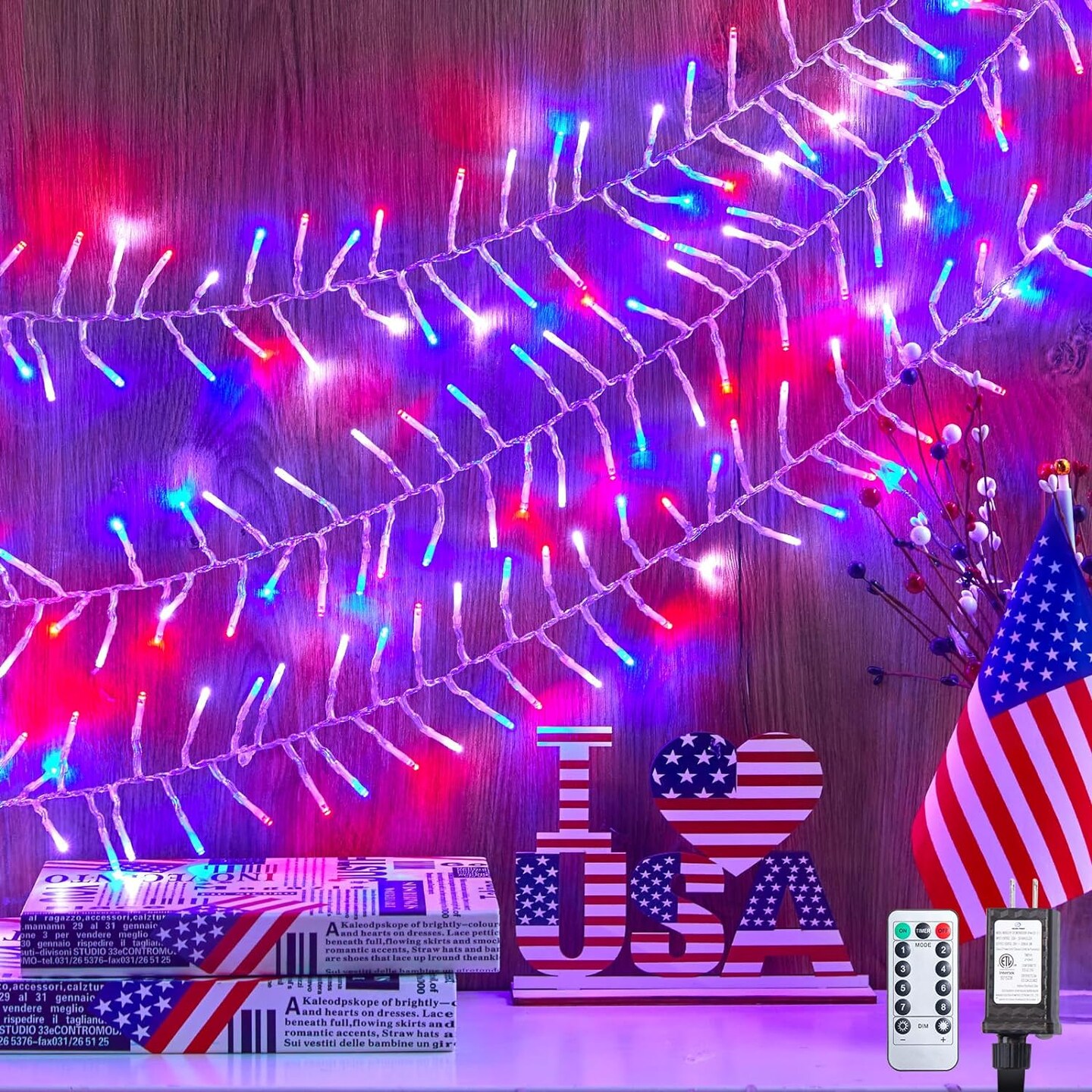 Red White Blue Lights, 500LED 25FT 4th of July Lights Patriotic Cluster ...