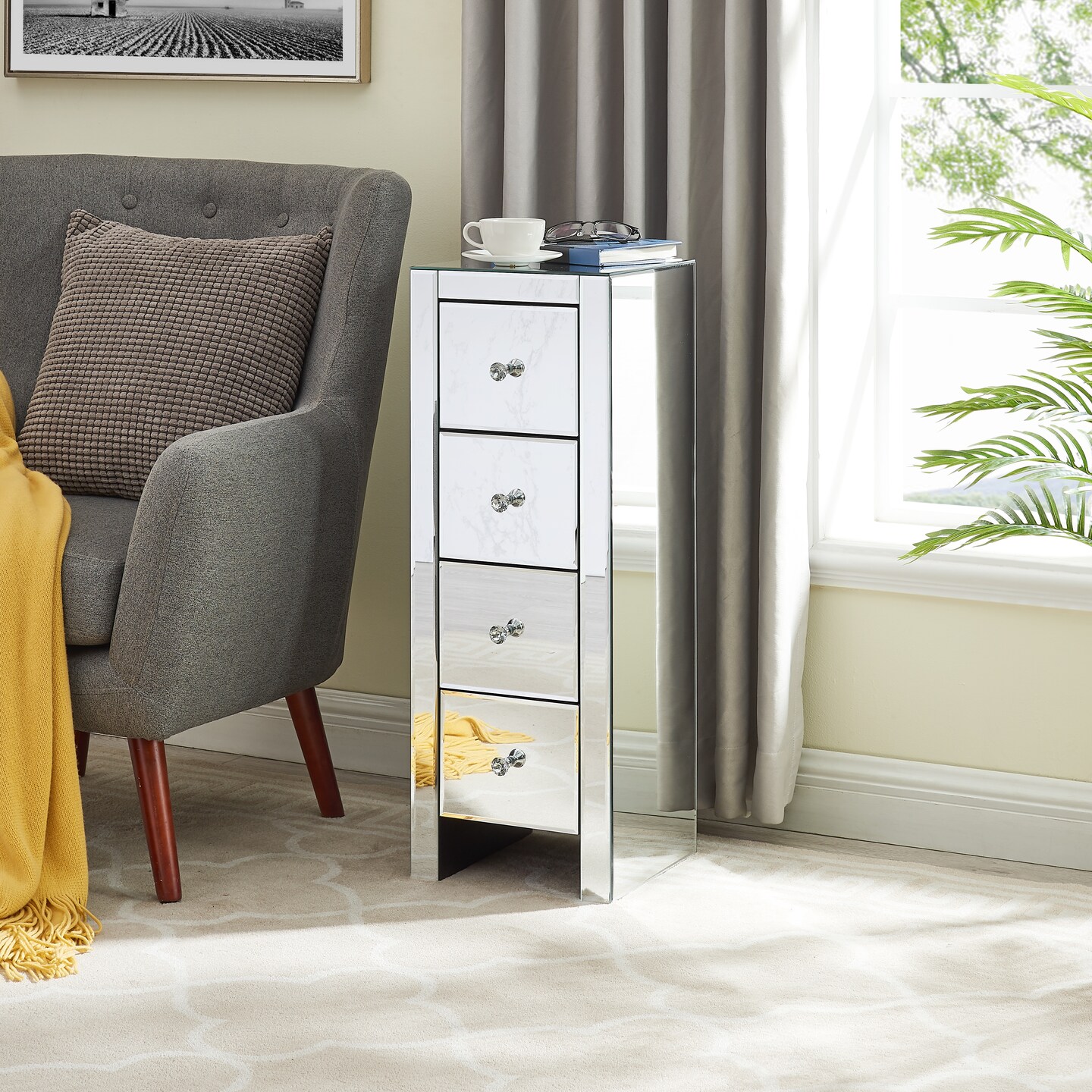 Mirrored Nightstand End Table with Drawers