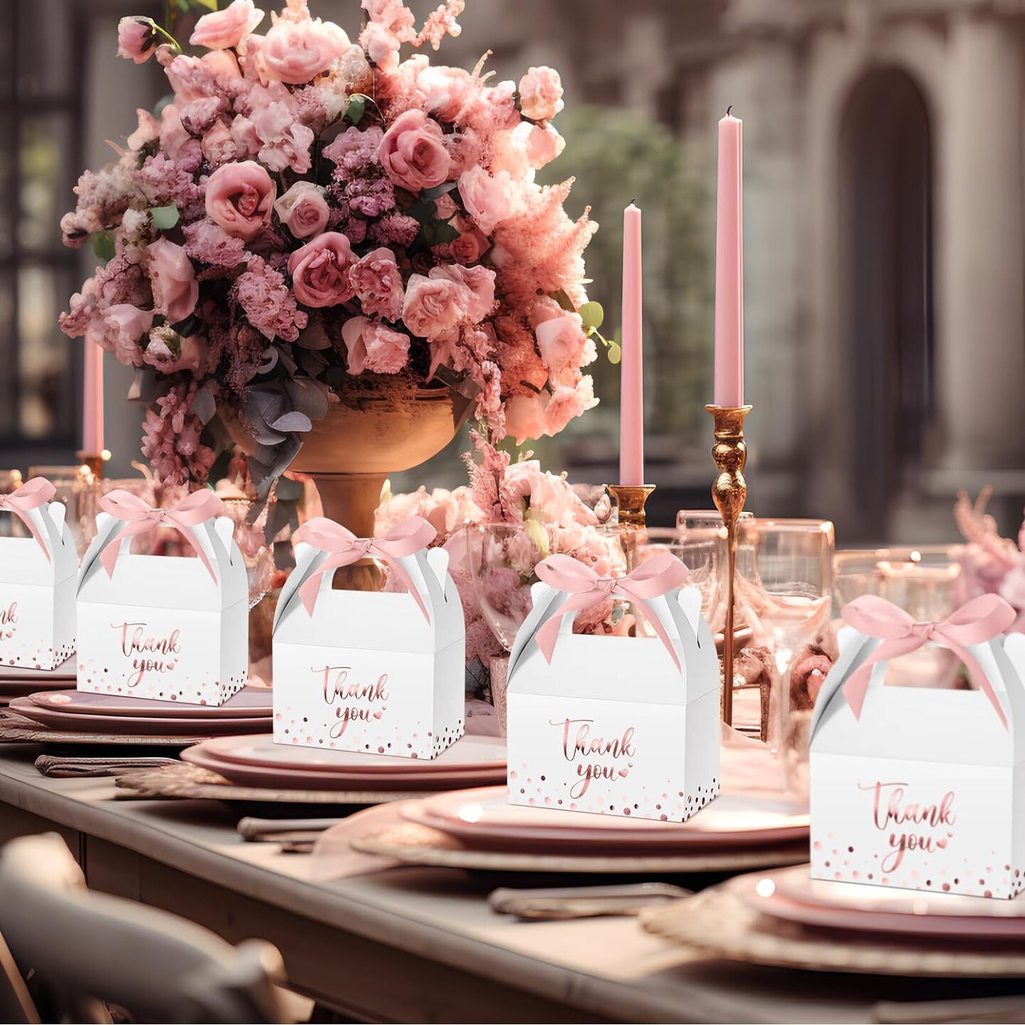 50-Pieces Rose Gold Thank You Gift Boxes with Ribbon Handles