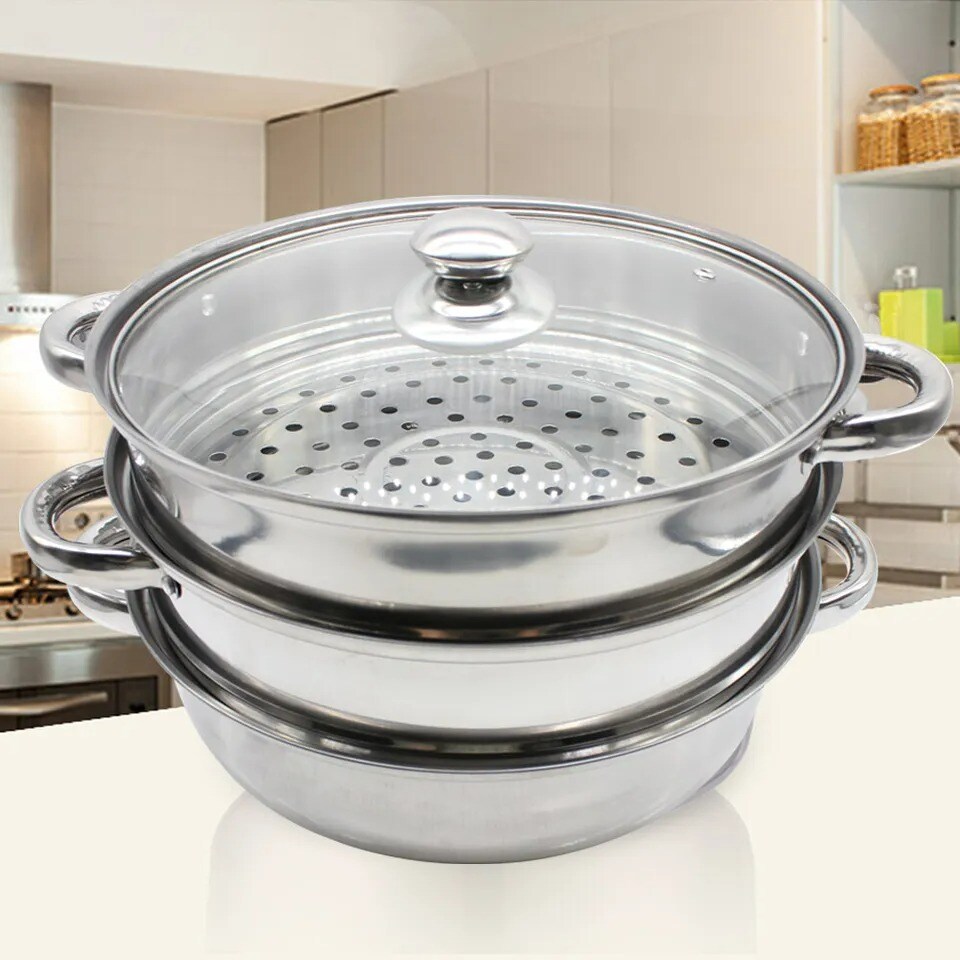 3 Tier Steamer Hot Pot Stainless Steel Cooker Steam Pot Food Cooking + Glass Lid