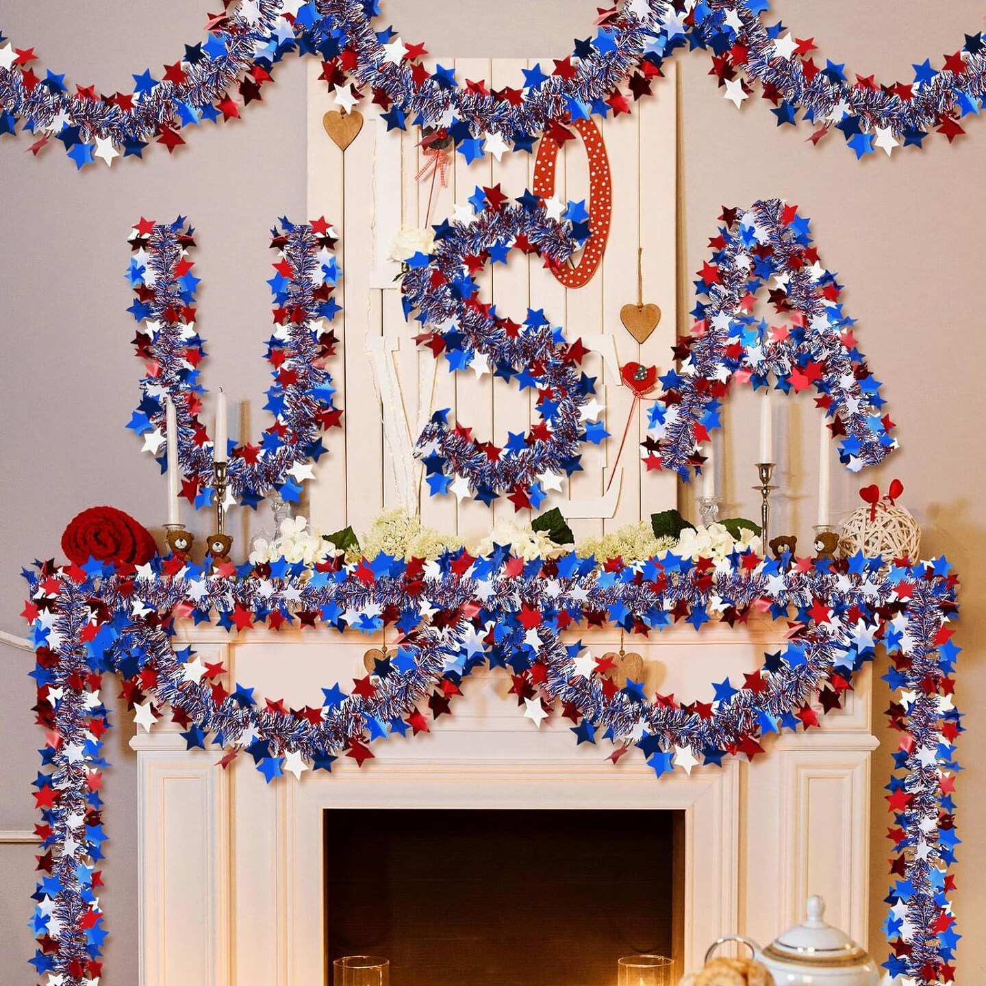 2-Pieces 80 Ft Patriotic Star Tinsel Garland