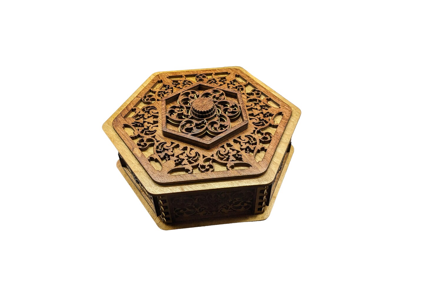 Six Sided, Layered, Two Tone Handmade Wooden Box, Hexagon