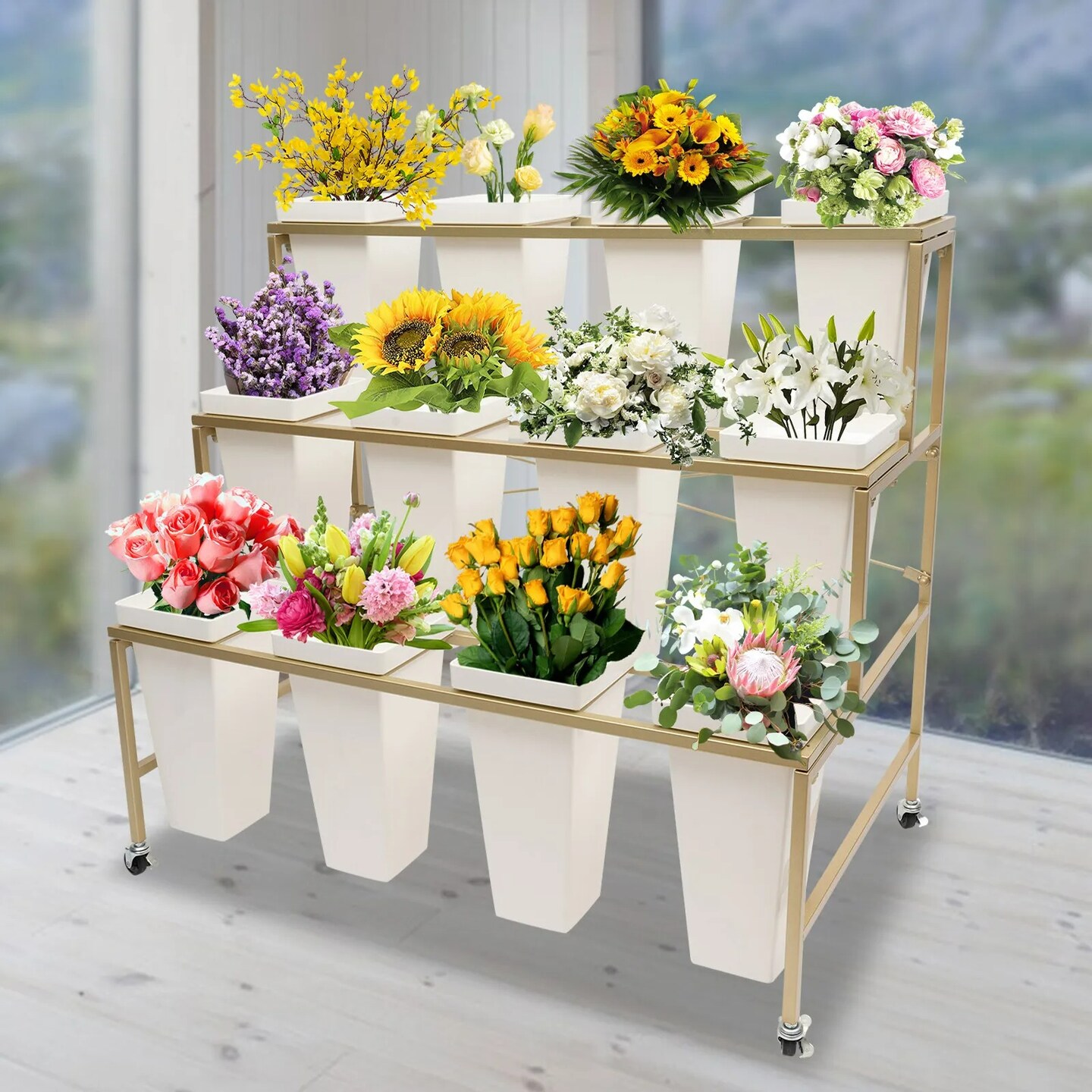 Flower Display Stand With 12* Bucket 3-layer Metal Plant Stand Shelf W/wheels