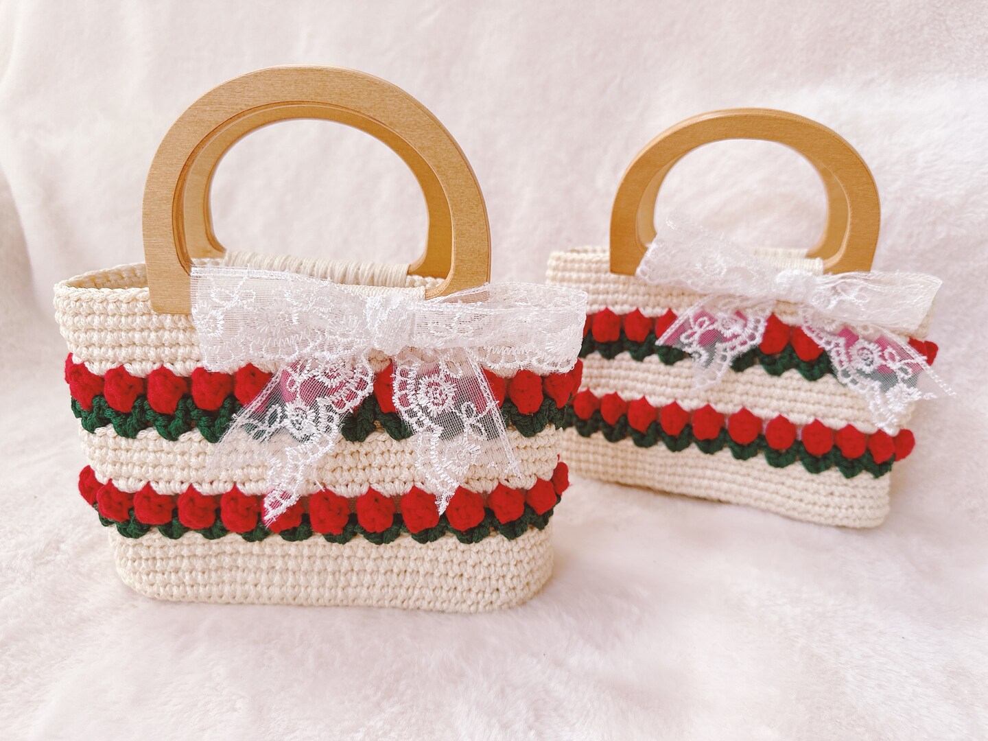 Handmade Crochet Tulip Hand Bag Flower Purse, Wood Handles with