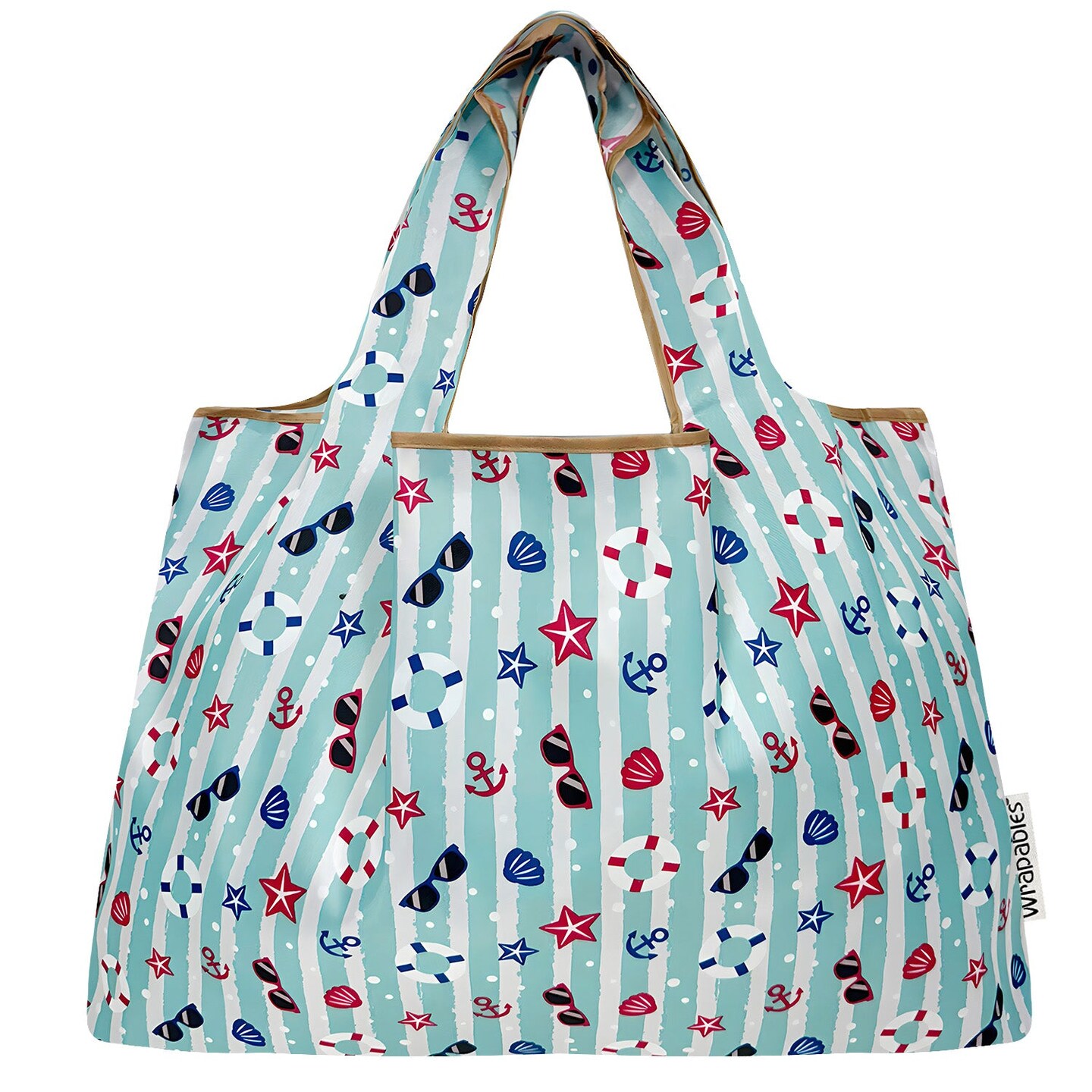 Wrapables Large Foldable Tote Nylon Reusable Grocery Bags, Ocean Fun