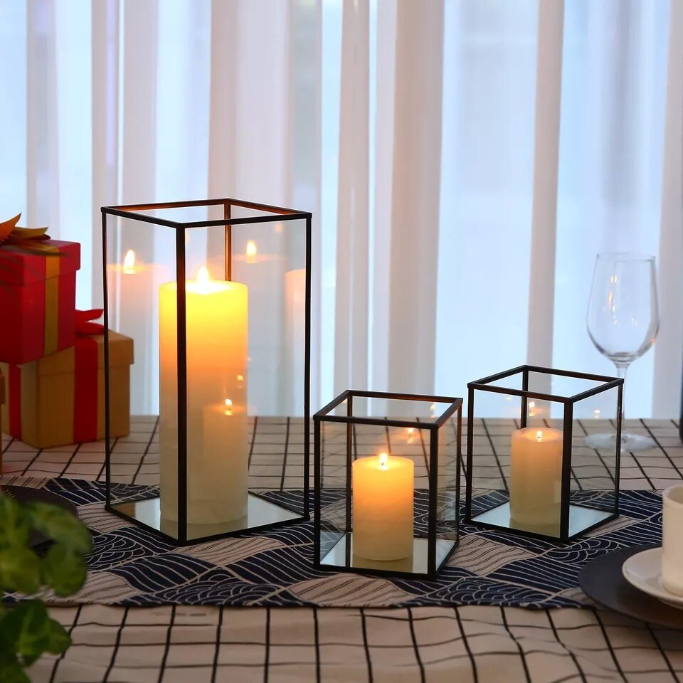 Small Hurricane Candle Holder Set of 3 Pieces, Black Glass Candle Holder