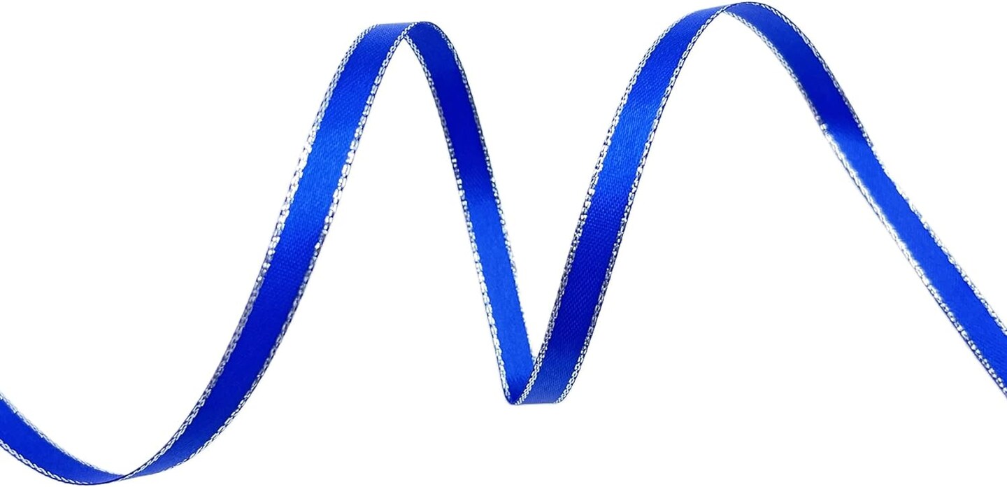 Royal Blue Double Face Satin Ribbon with Silver Border, 1/4 Inch X 50Yd