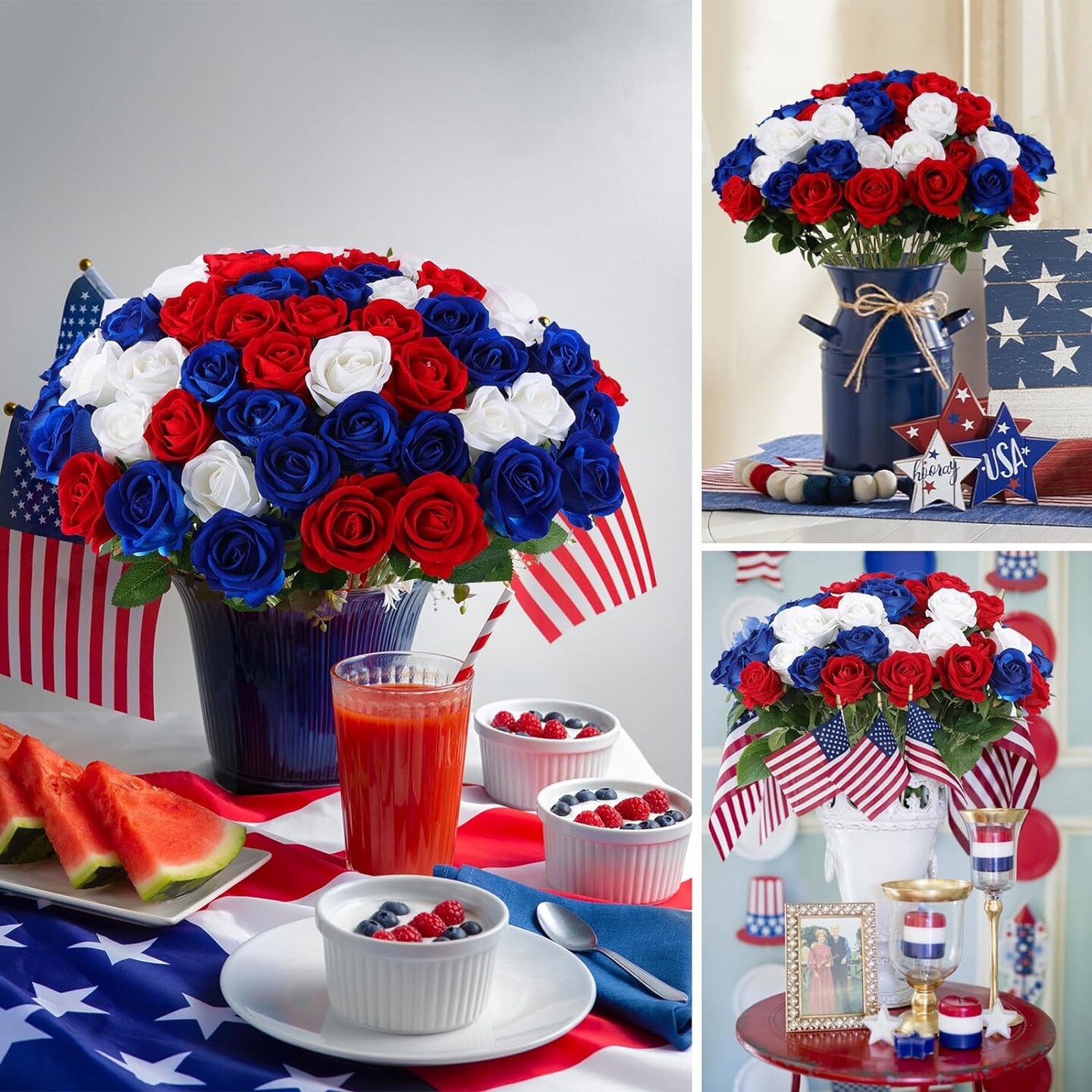 Patriotic 4th of July Artificial Roses in Red, White, Blue
