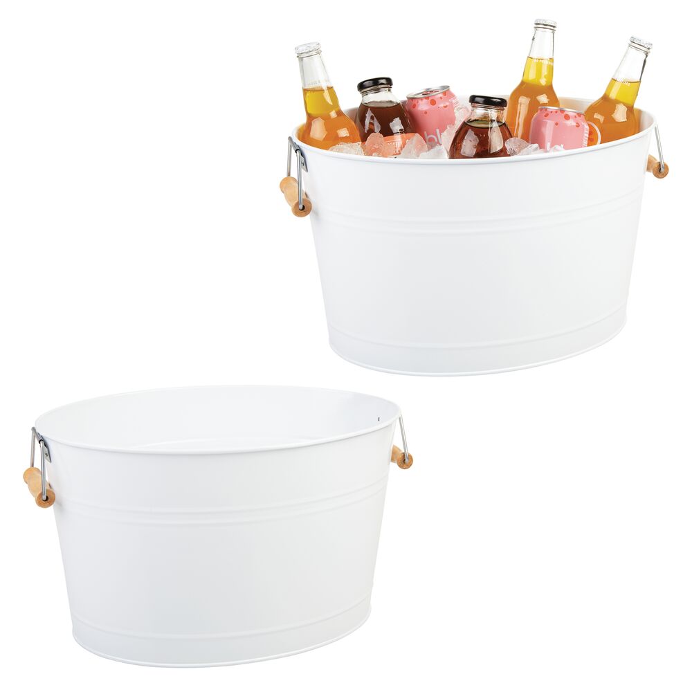 mDesign Large Metal 4.75 Gal. Beverage Tub Cooler, Bamboo Handles, 2 Pack, White