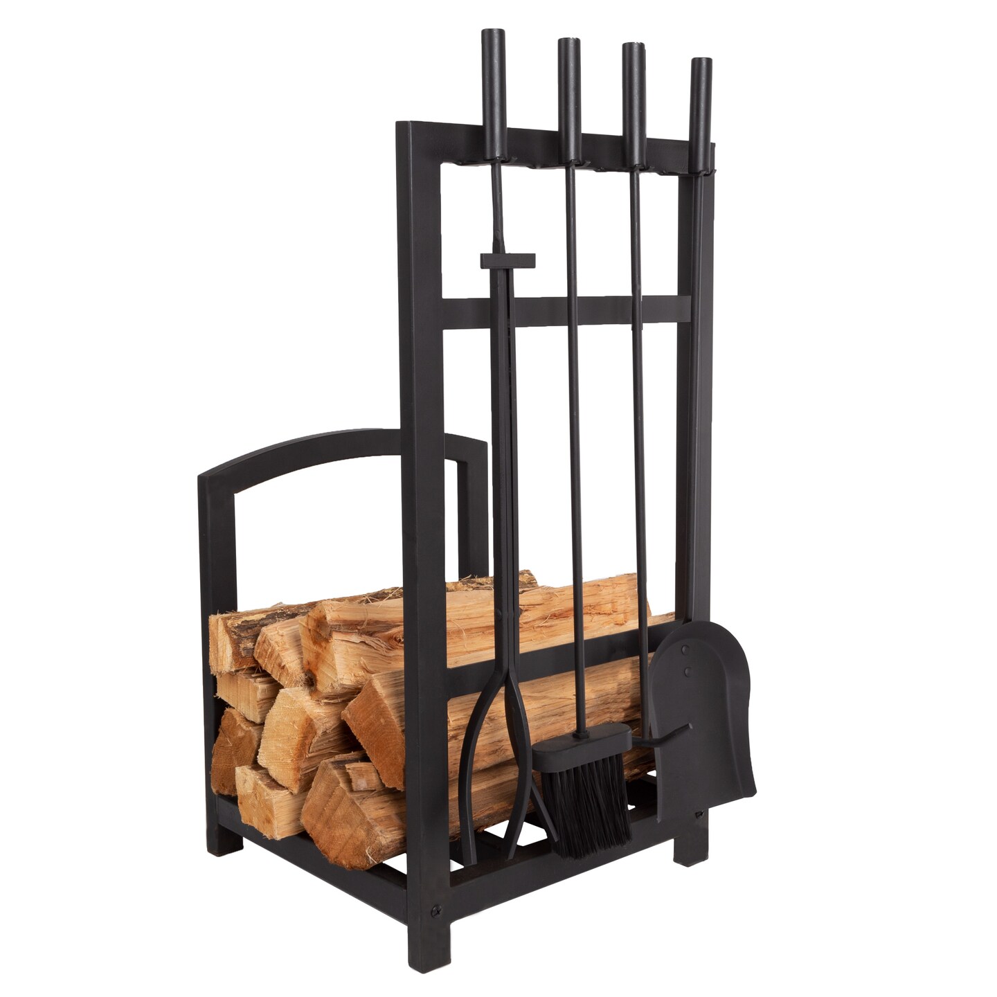 Lavish Home Fireplace Tool Set and Log Rack - Matte Black Mission Style Firewood Holder