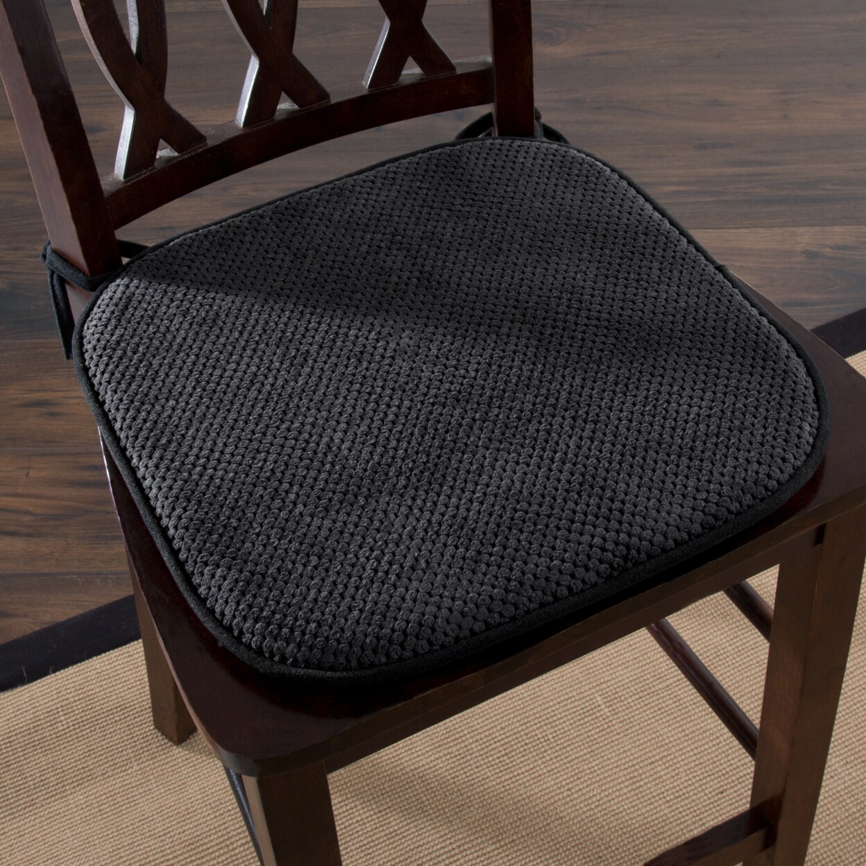 Lavish Home Charcoal Memory Foam Chair Pad 16X16 Non Slip Ties Polyester