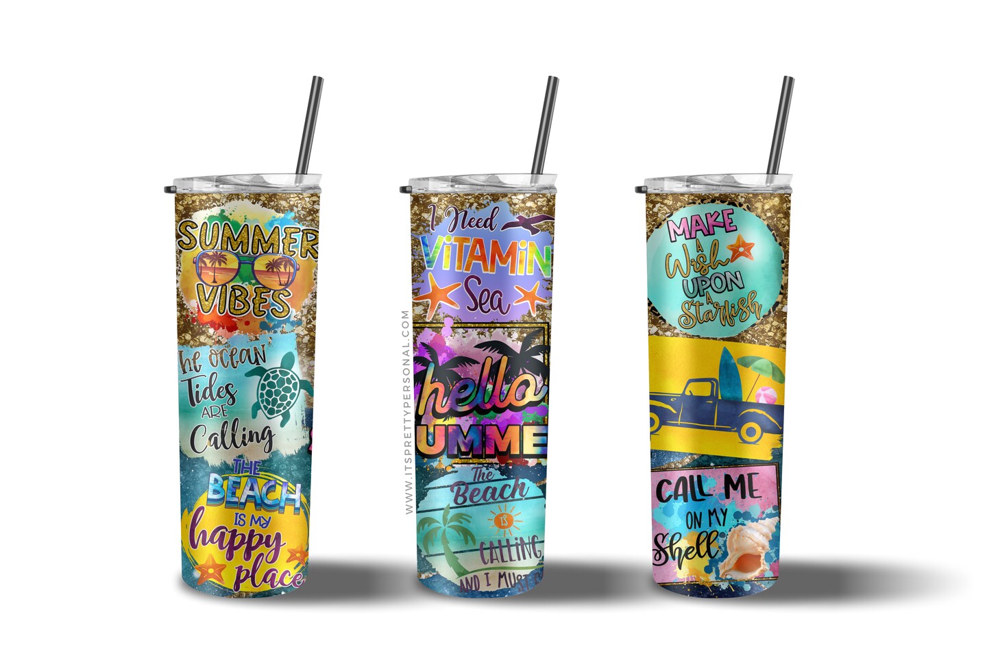 #703 CLEAR- 20oz - Summer Beach Collage 9.4" x 8" Pattern Vinyl Wrap