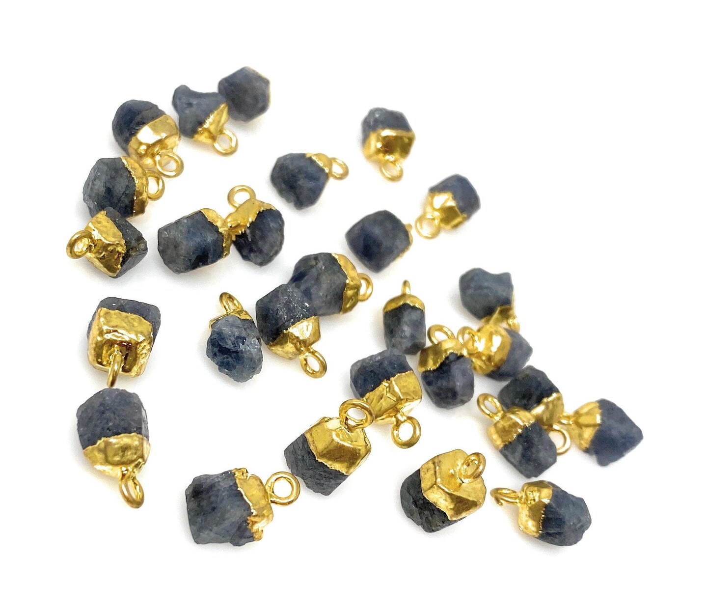 Rough Gold Electroplated Sapphire Gemstone Cap Charms, Blue - 12mm- 15mm - 10 Pieces