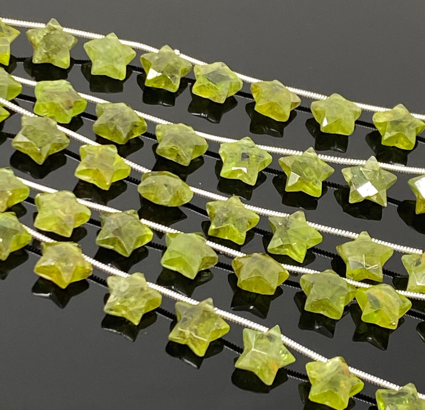 Rare Peridot Gemstone, Hand Carved Star Beads, Green - 5 Strand/ 10 Beads, 10mm