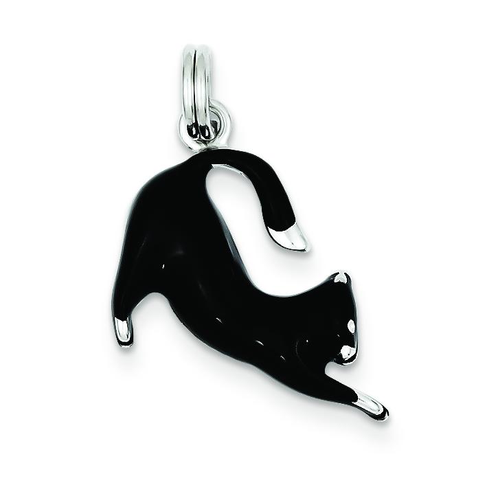 Sterling Silver Black Enamel Cat Charm &#x26; 18&#x22; Chain Jewerly 25mm x 18mm