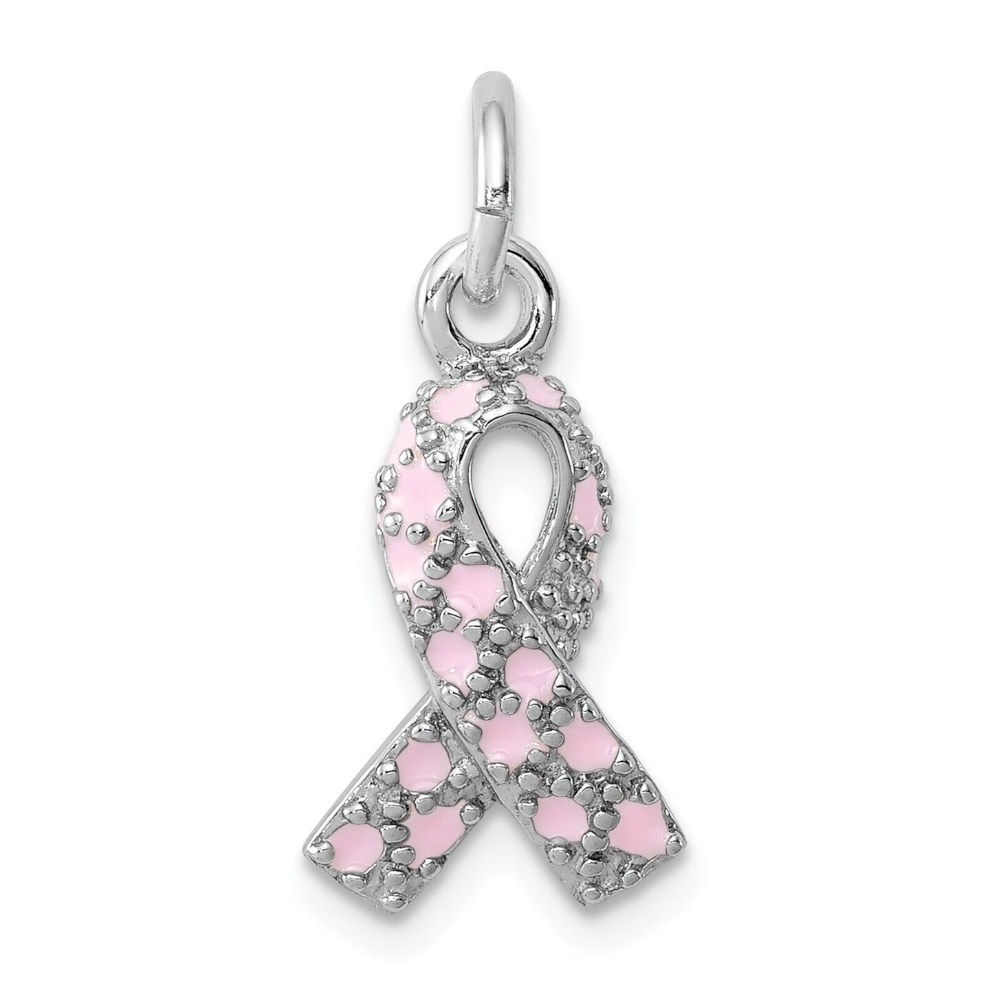 Sterling Silver Enameled Pink Ribbon Charm Pendant Jewerly 21mm x 10mm
