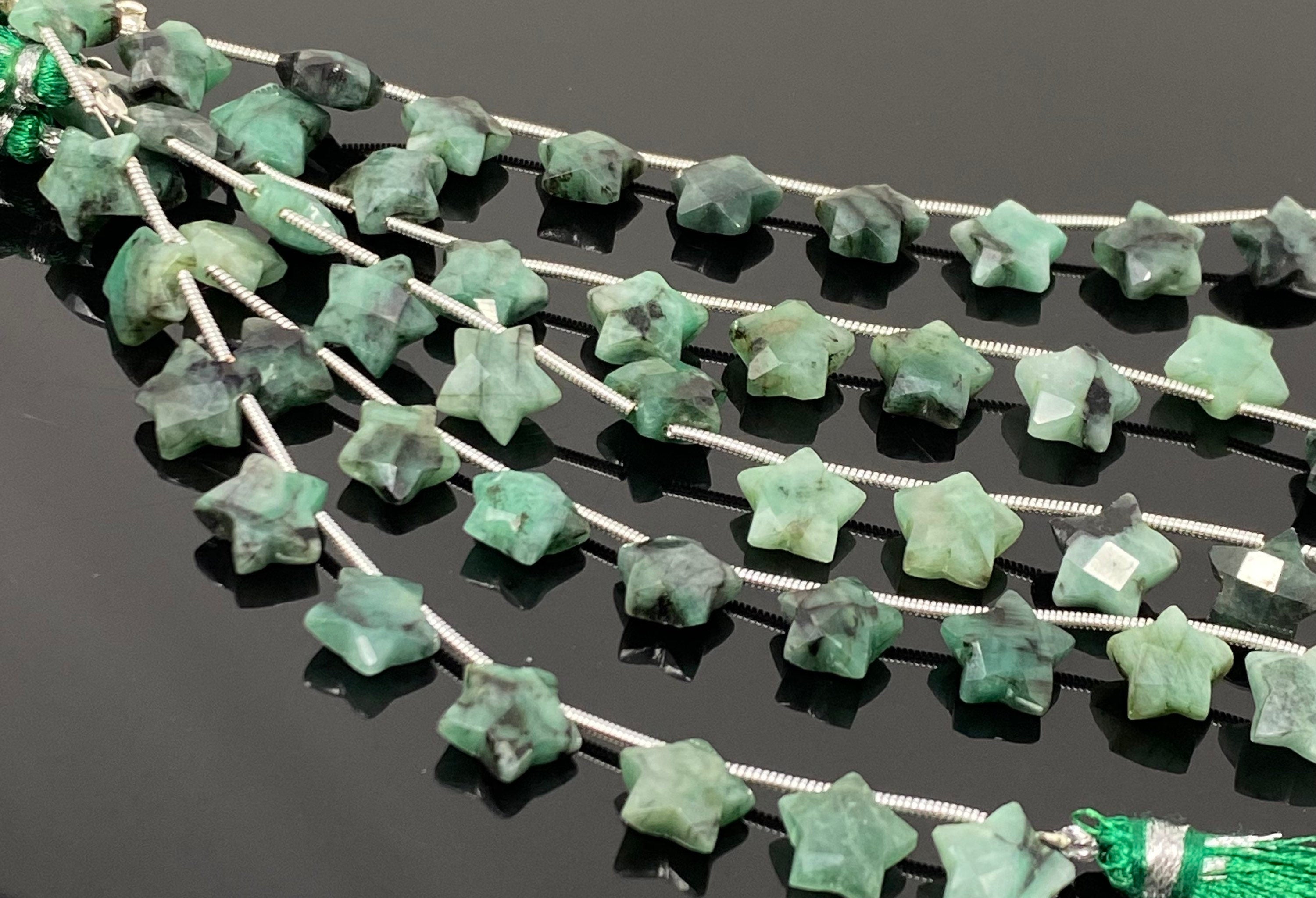 Natural Emerald Gemstone Hand Carved Star Beads, Green - 5 Strand/ 10 Beads, 10mm
