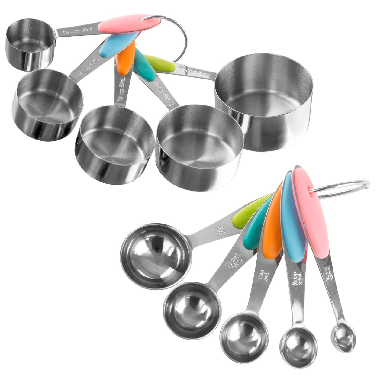Classic Cuisine Measuring Cups and Spoons Matching Set Stainless Steel  Silicone Handles Cups TBSP and Metric
