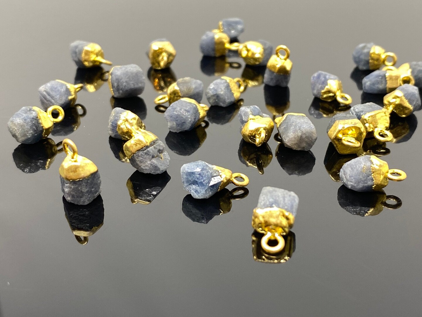 Rough Gold Electroplated Sapphire Gemstone Cap Charms, Blue - 12mm- 15mm - 10 Pieces