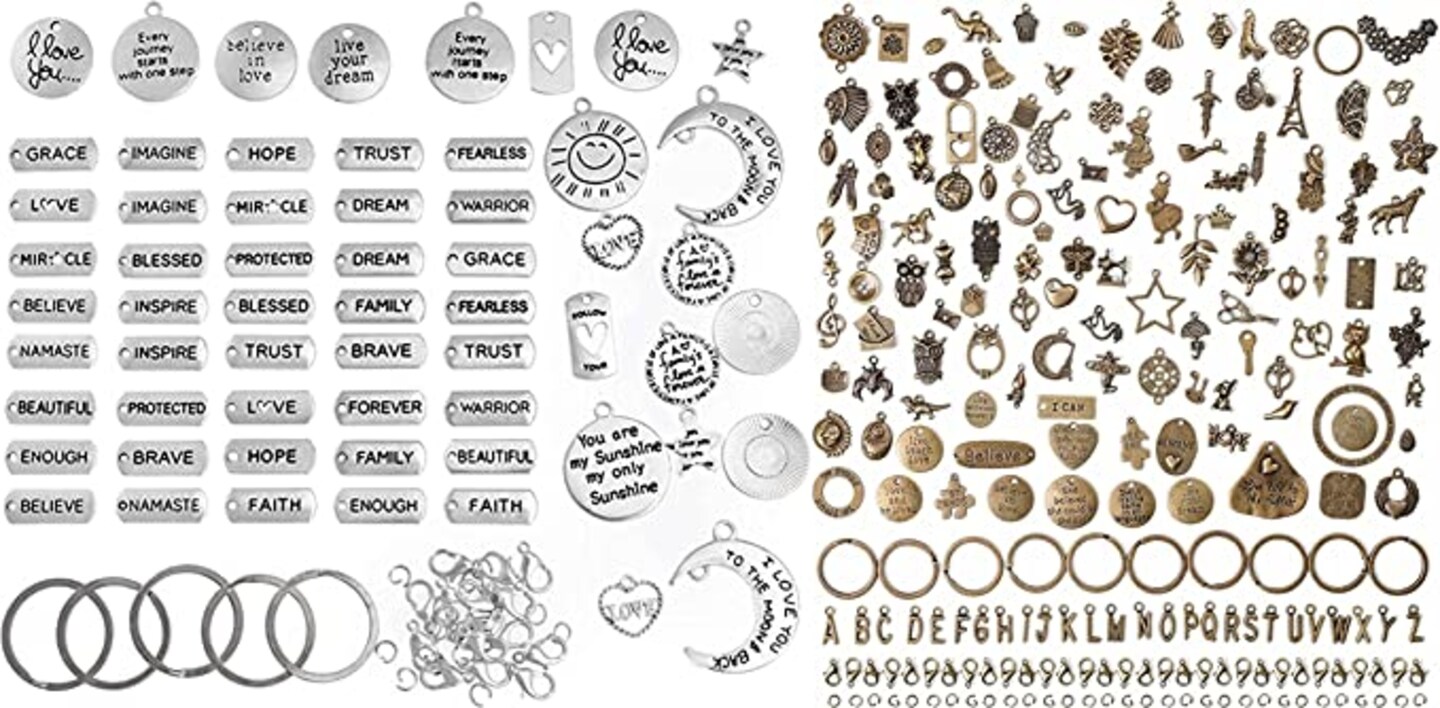 Incraftables 60pcs Silver Word Charms &#x26; 166pcs Bronze Charms Set w/ 120pcs Antique Charms (Small &#x26; Large), 20pcs Word Charms &#x26; 26pcs A-Z Letter Charm for Jewelry Making. Bulk DIY Necklace, Bracelet.