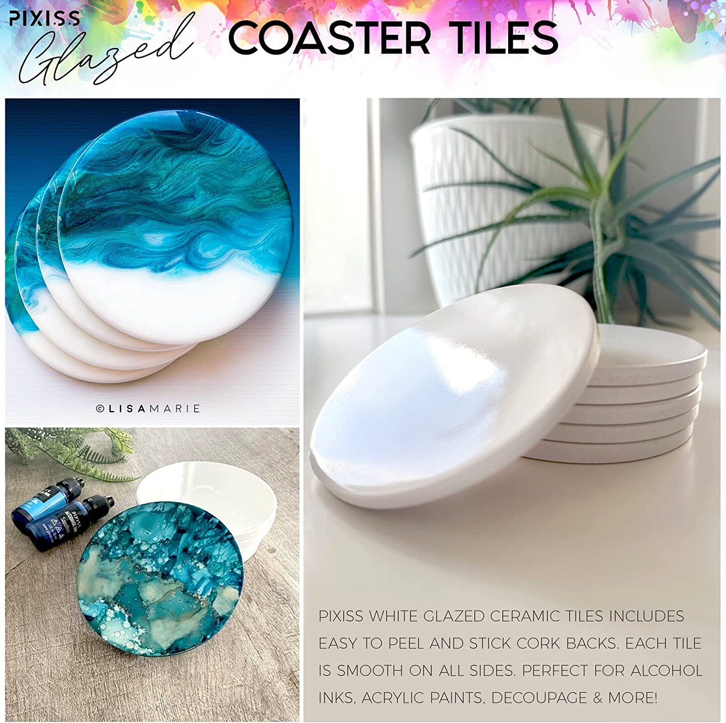 Pixiss Glazed Glossy White Coasters - Round 50 Pack