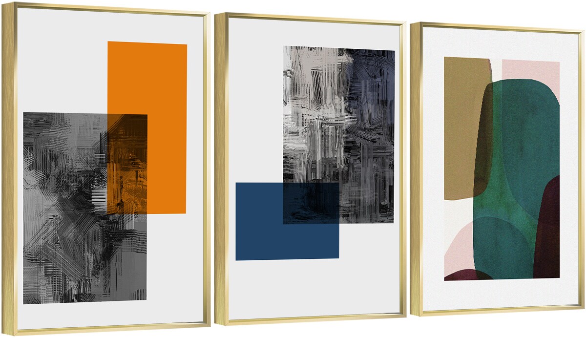 3 Set Framed Canvas Wall Art Oil Paintings - Blocks Paintings