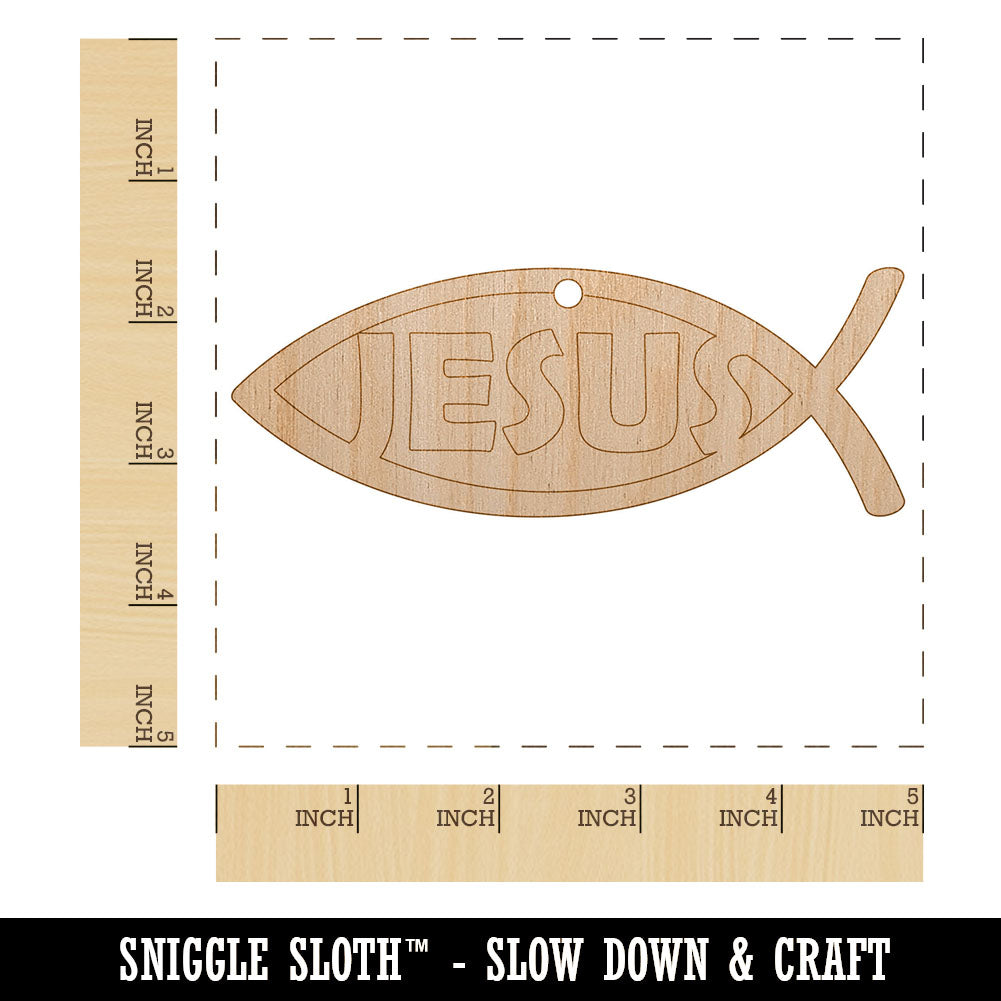 Jesus Ichthys Fish Christian Sketch Unfinished Craft Wood Holiday Christmas Tree DIY Pre-Drilled Ornament