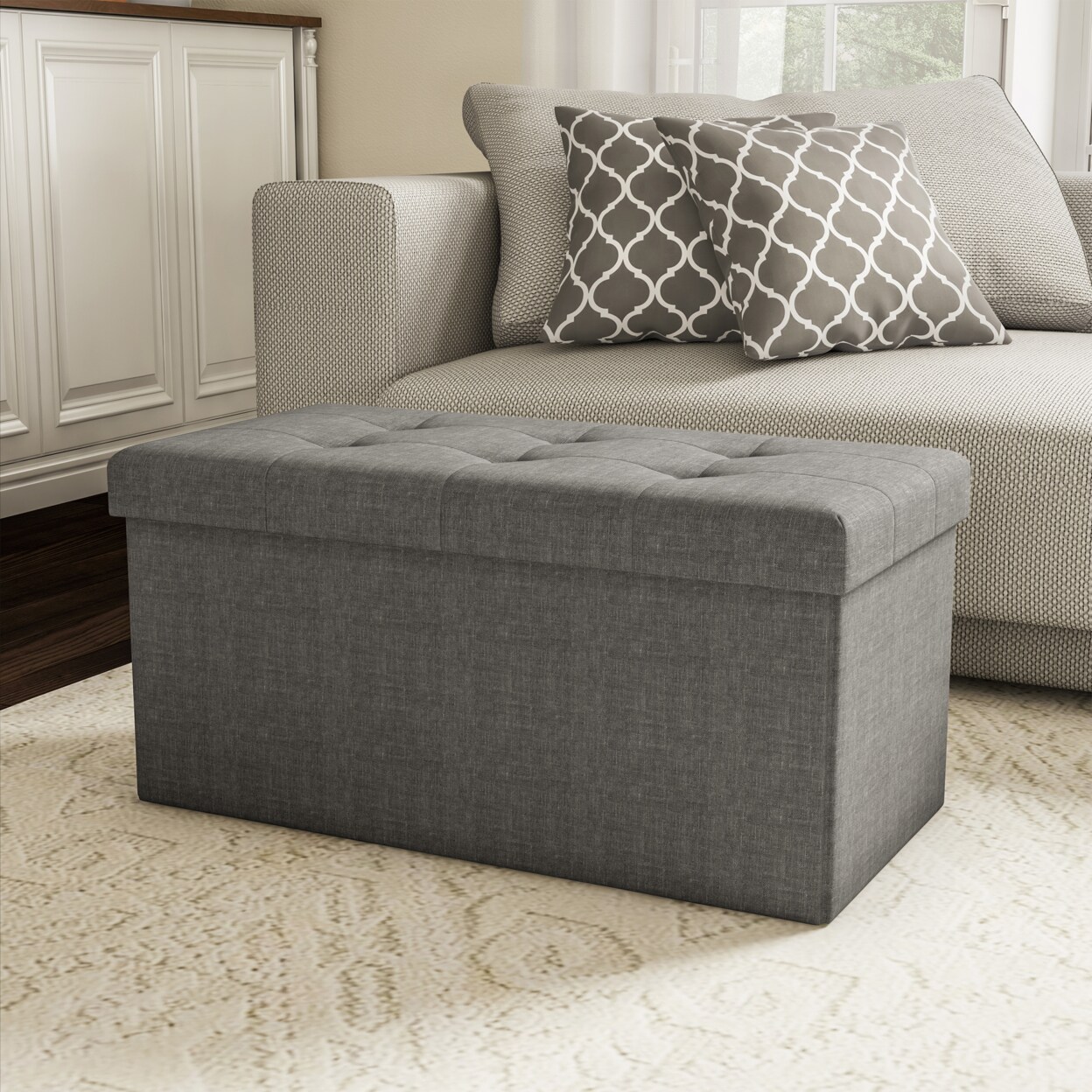 Large Gray Folding Ottoman Bench Storage Tufted Lid 30X15x15 For Seat Or Feet