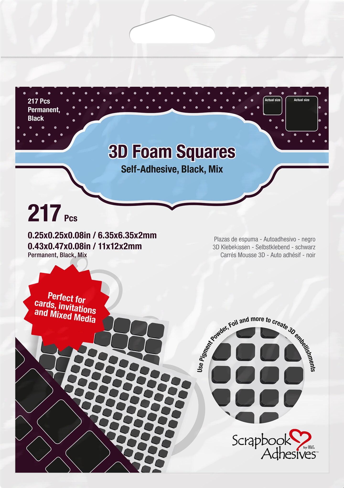 Scrapbook Adhesives 3D Foam Squares Variety Pack 217/Pkg-Black (63) .5"X.5", (154) .25"X.25"