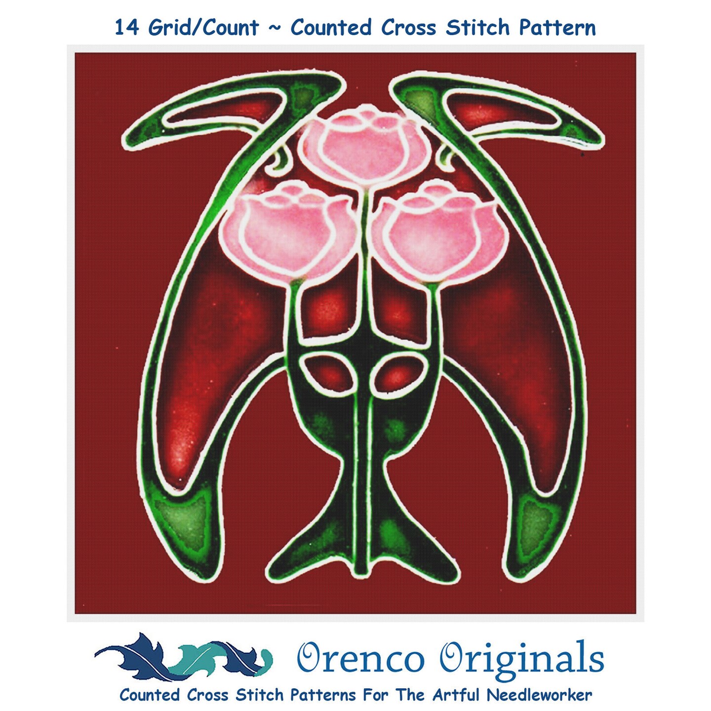Art Nouveau 3 Pink Roses Flower Red Background Counted Cross Stitch Pattern