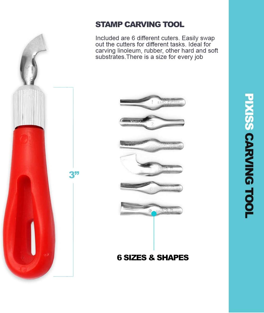 Pixiss Stamp Carving Kit, 3 Rubber Blocks, Brayer, Lino Carver, Knife Kit, 15 Ink Pads