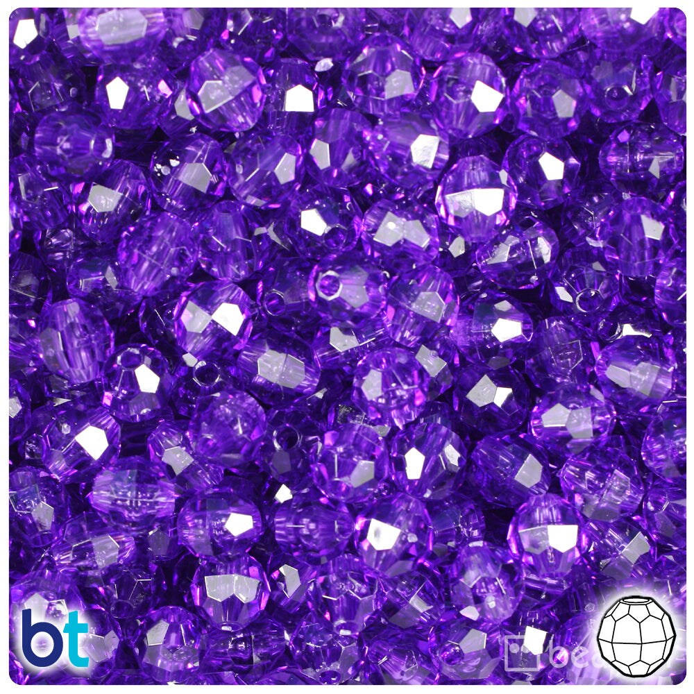 BeadTin Amethyst Transparent 8mm Faceted Round Plastic Craft Beads (450pcs)