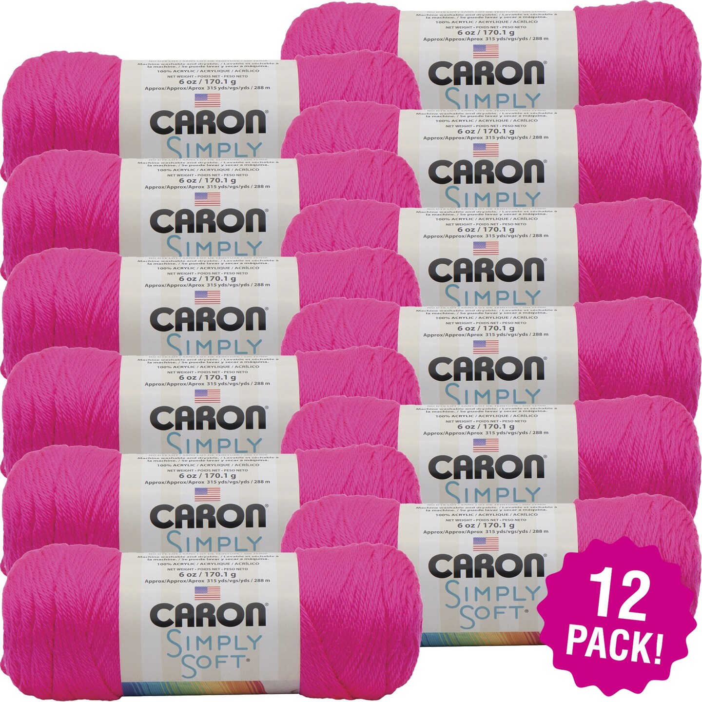 Multipack of 12 - Caron Simply Soft Solids Yarn-Neon Pink