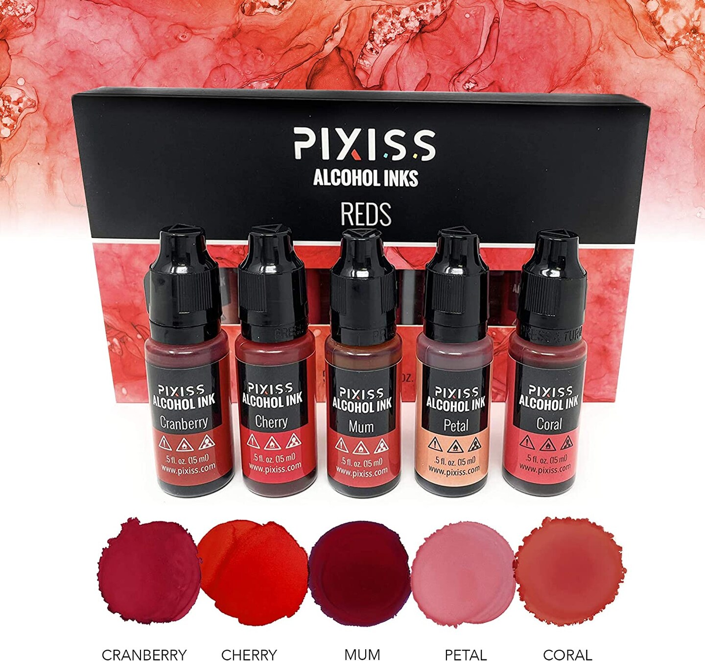 Pixiss Reds Alcohol Inks Set, 5 Highly Saturated Red Alcohol Inks