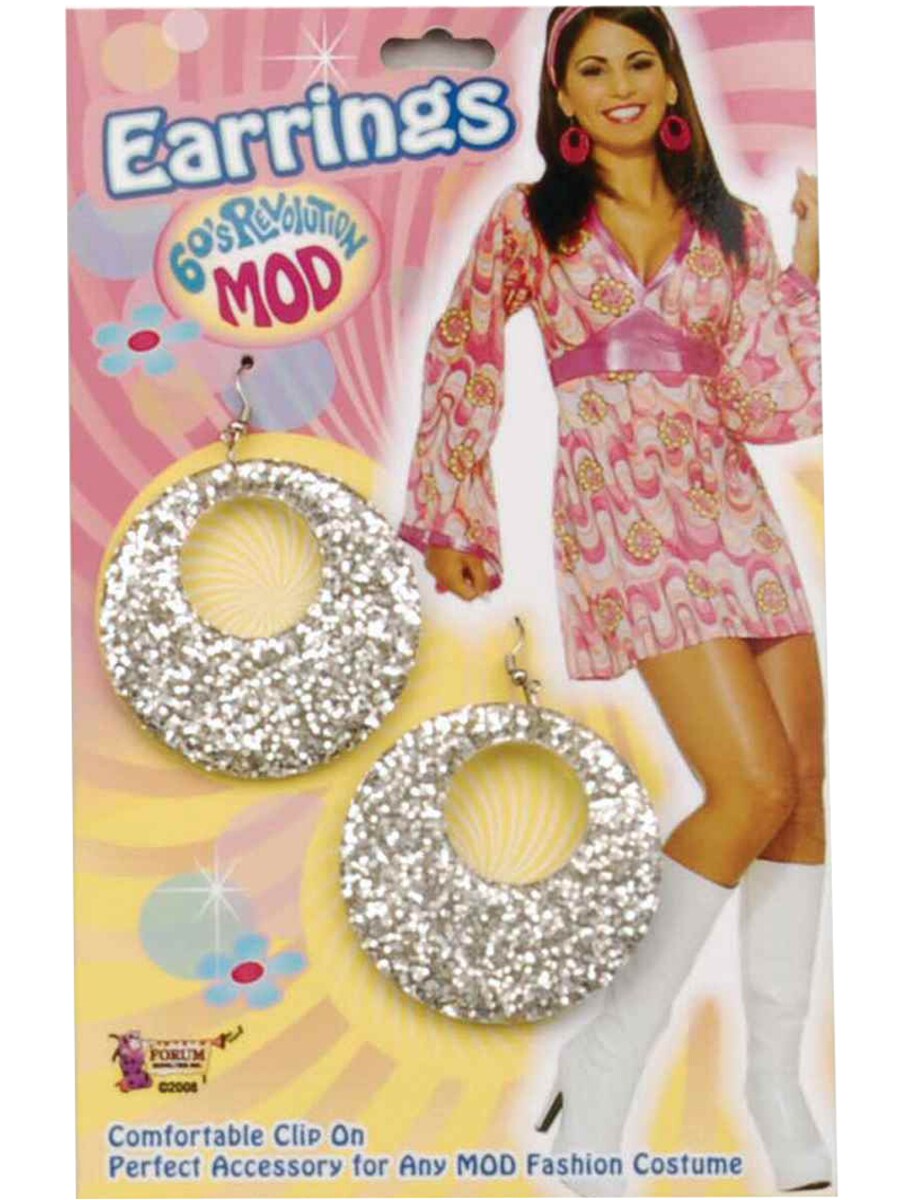 Womens 70's Hippie Glitter Mod Silver Earrings Costume Accessory