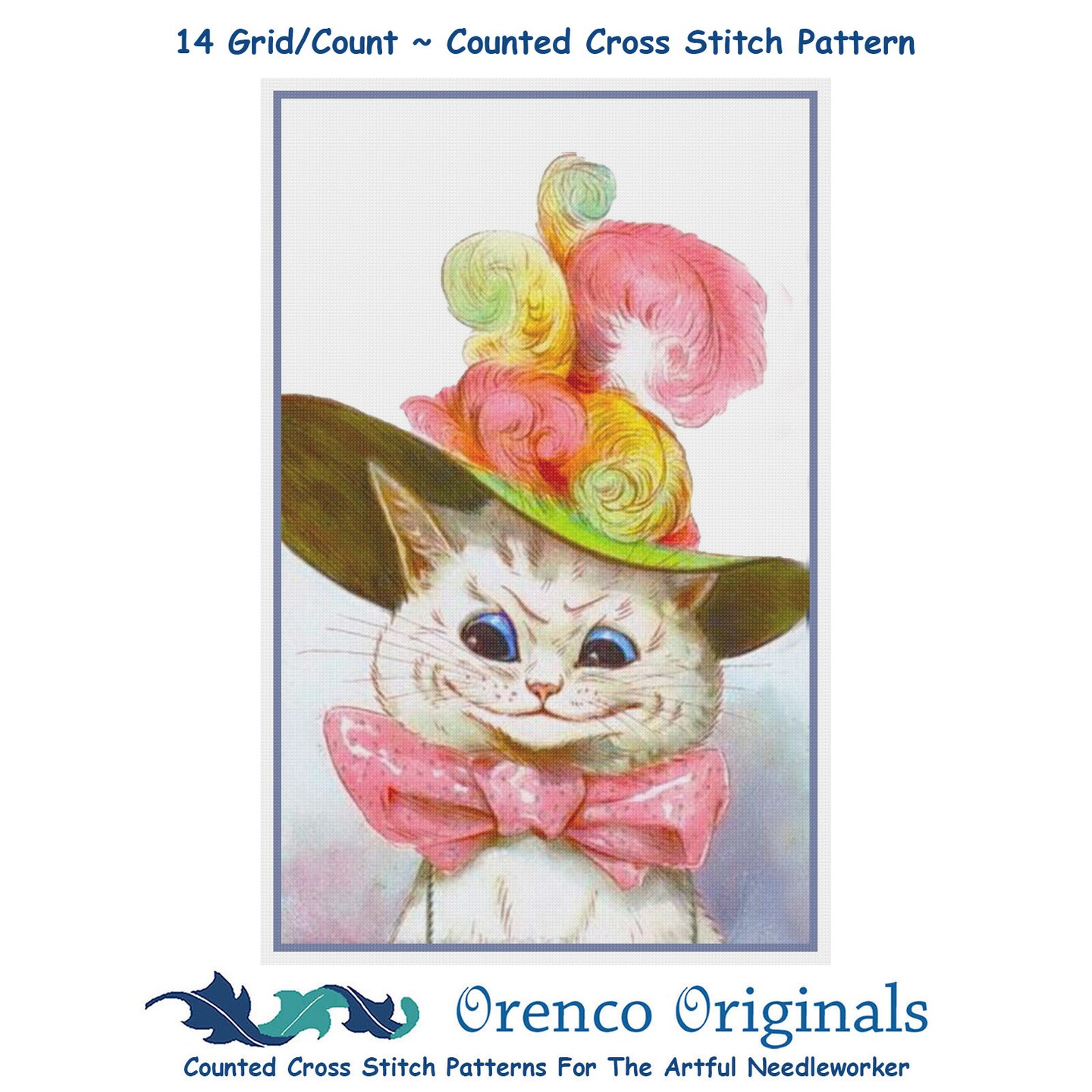 Louis Wain&#x27;s White Kitty Cat With Fancy Hat Counted Cross Stitch Chart Pattern