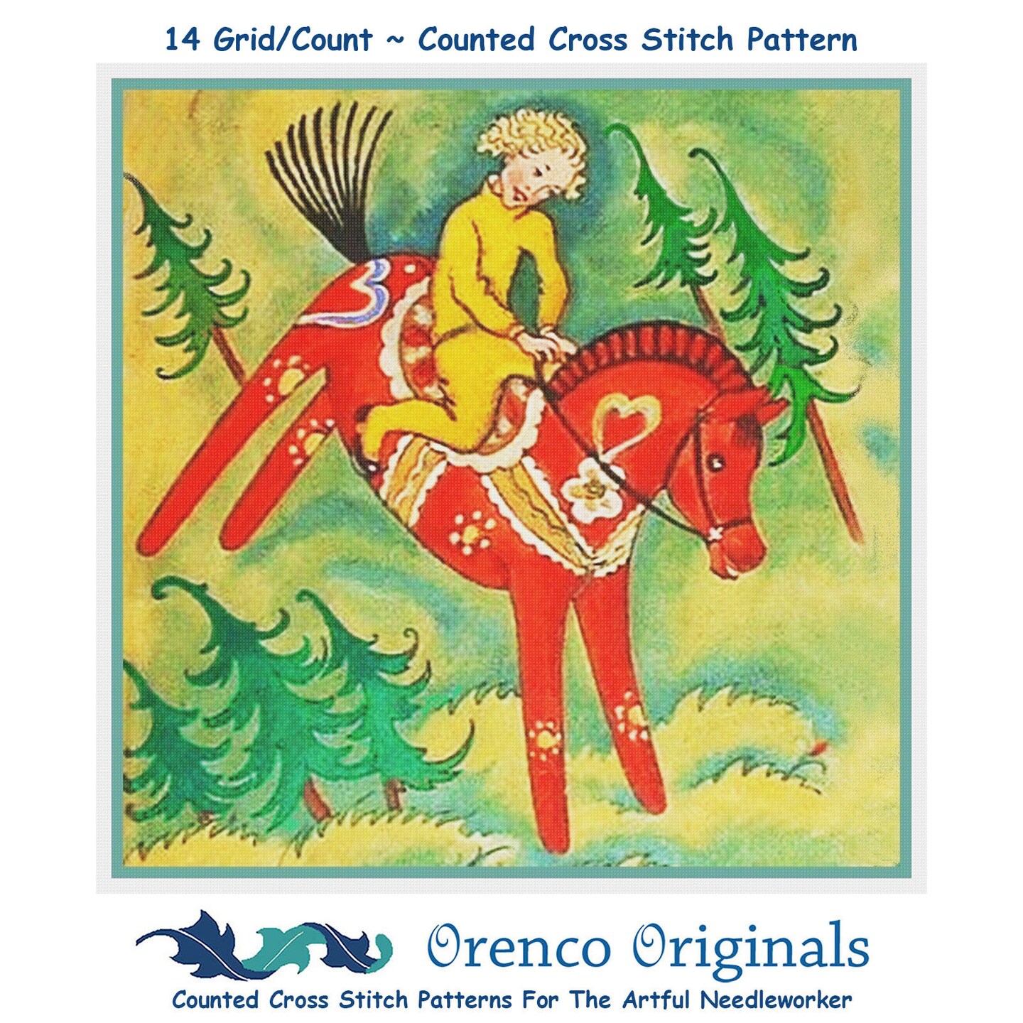 Scandinavian Child Riding Red Horse Counted Cross Stitch Chart Pattern