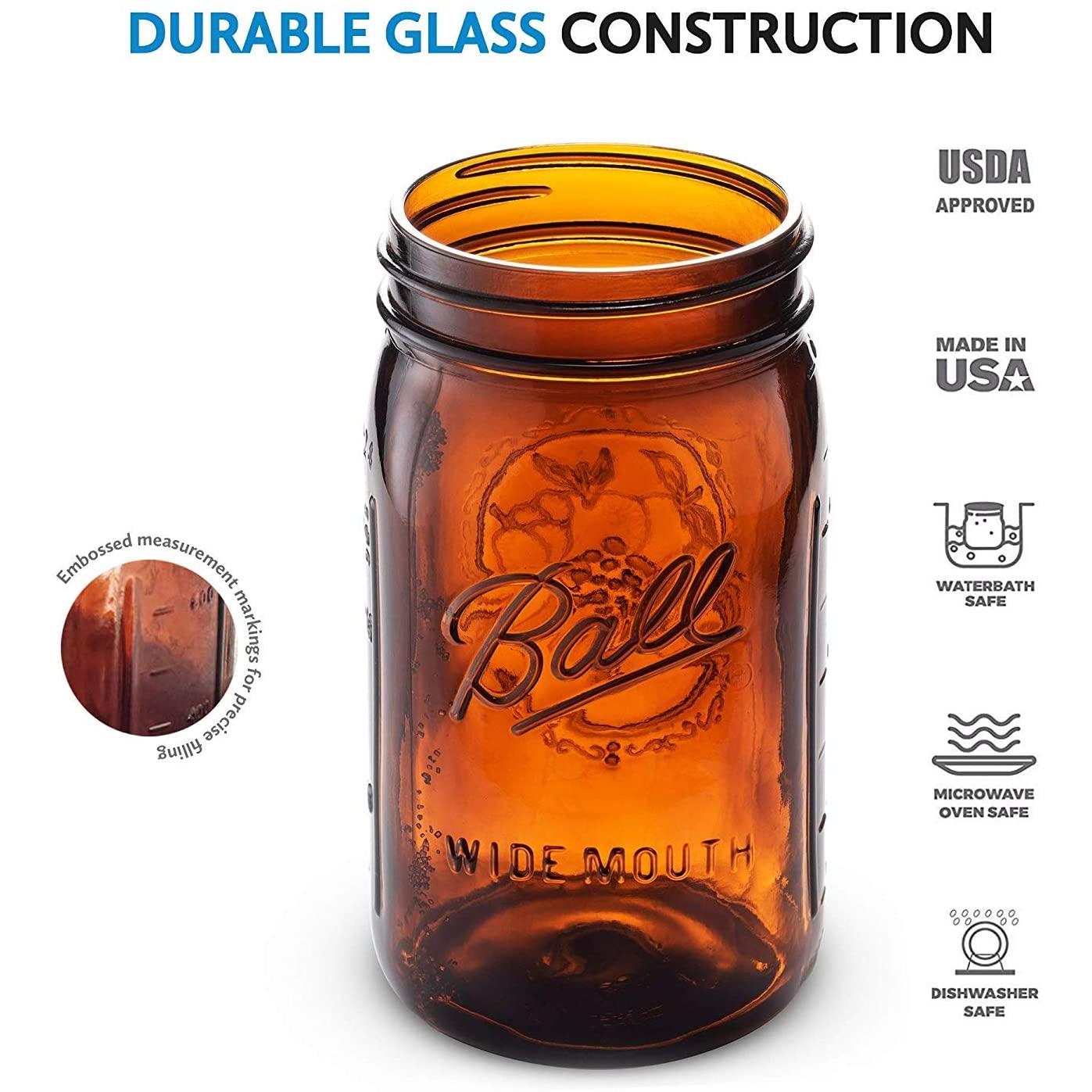 Ball Amber Glass Wide Mouth Mason Jars (32 oz/ Quart ) 12 Pack. With Airtight lids and Bands - Amber Canning Jar - UV light Protection - Microwave &#x26; Dishwasher Safe.
