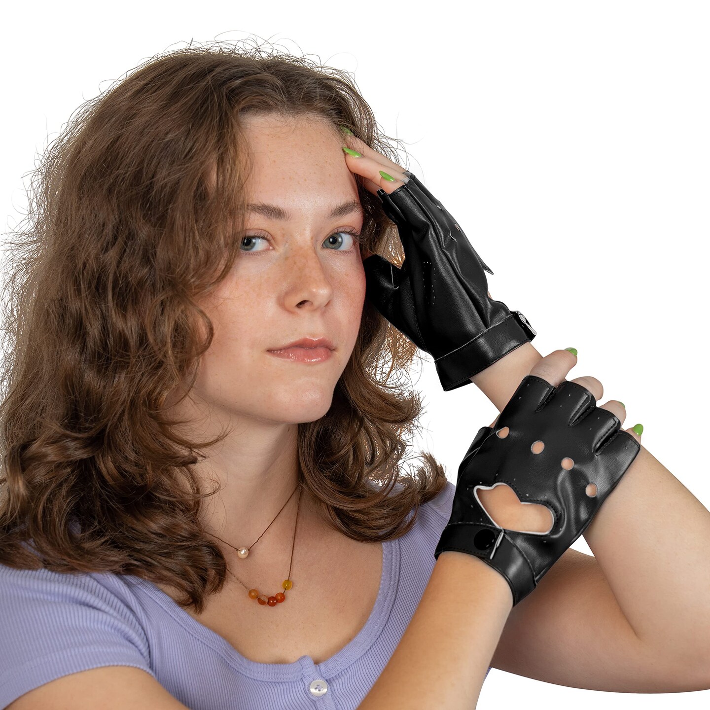 Fingerless Biker Jazz Gloves - 80s Style Gothic Black Faux Leather Punk Biker Gloves with Heart Cutout for Women and Kids