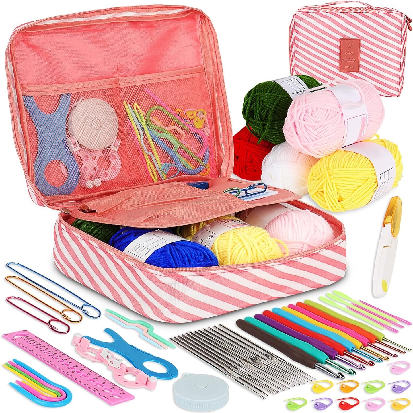 Crochet Kit Beginners Crochet Hook Set with Crochet Yarn,58Pcs Portable Crochet Set Ergonomic Crochet Hooks Travel Knitting Crochet Supplies