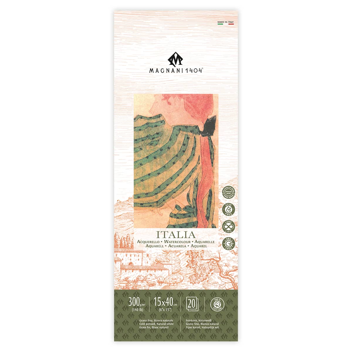 Magnani 1404 Italia Cold Press 100% Cotton Watercolor Paper Pad, 20 Sheets, 140 lb, Acid-Free, UV Resistant, Deckled Edges, Vegan Sized Water Color Paper for Artists, Made in Italy