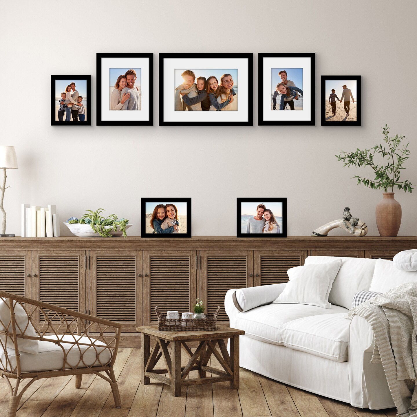 Americanflat Gallery Wall Picture Frames - Set of 7 - 12x16 (1), 9x12 (2), 6x8 (4) - Collage Wall Art Decor - Shatter Resistant Glass - Adjustable Hanging Hardware - Easel for Tabletop Display - Black