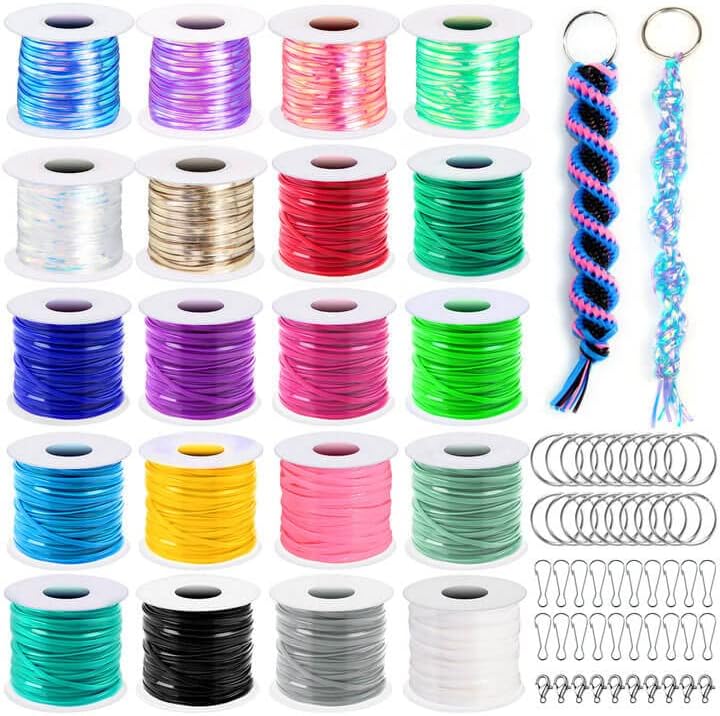 Lanyard String, Boondoggle String Kit with 20 Rolls Plastic Lacing Cord and 50Pcs Keychain lanyard Accessories, Gimp String Lanyard Weaving Kit for Keychain Crafts, Bracelet and Lanyards
